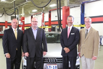 Lincoln Tech announces its selection as a Premium Plus Career Training Partner by Audi of America, providing manufacturer-specific training for its students. Pictured from left to right are Jon Branch, Audi Senior Manager Region Aftersales; Matt Shepanek, Audi National Manager Technical & Collision Training; Scott Shaw, Lincoln Tech President & CEO; Jay Rasmussen, Lincoln Tech Mahwah Campus President. (PRNewsFoto/Lincoln Educational Services Cor)