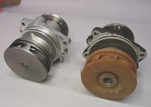 Fig. 2: Notice the metal impeller on the replacement pump (left) and the plastic impeller on the original pump.