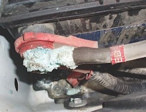 An added cable powering an aftermarket winch or snow plow lift often seems to accelerate corrosion on the positive battery terminal.