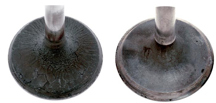 Due to tighter tolerances, deposits on intake valves in today’s vehicles (left) are of a harder, more carbonaceous makeup and appear to be more fuel related than in older engines that had deposits as a result of engine oil.